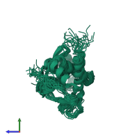 PDB entry 2b3w coloured by chain, ensemble of 20 models, side view.