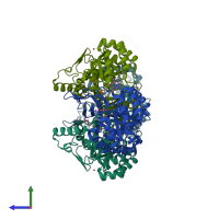 PDB entry 2b4g coloured by chain, side view.
