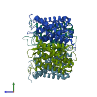 PDB entry 2b5f coloured by chain, side view.
