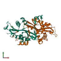 PDB entry 2b5g coloured by chain, front view.