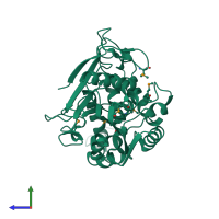PDB entry 2b61 coloured by chain, side view.