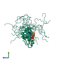 PDB entry 2b6f coloured by chain, ensemble of 20 models, side view.