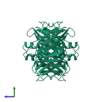 Homo tetrameric assembly 1 of PDB entry 2b9a coloured by chemically distinct molecules, side view.