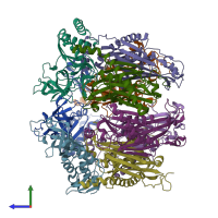 PDB entry 2ba0 coloured by chain, side view.