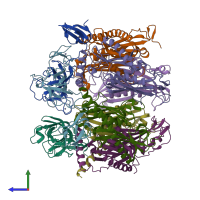 PDB entry 2ba1 coloured by chain, side view.