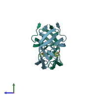 PDB entry 2bb9 coloured by chain, side view.