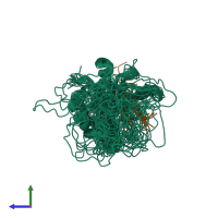 PDB entry 2bbu coloured by chain, ensemble of 20 models, side view.