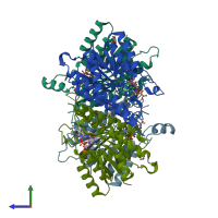 PDB entry 2bf7 coloured by chain, side view.