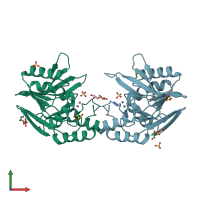 PDB entry 2bfl coloured by chain, front view.