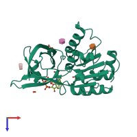 PDB entry 2bgi coloured by chain, top view.
