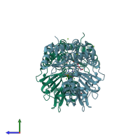 PDB entry 2bi1 coloured by chain, side view.