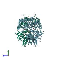 PDB entry 2bi2 coloured by chain, side view.