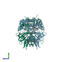 PDB entry 2bi5 coloured by chain, side view.