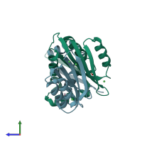 PDB entry 2bj9 coloured by chain, side view.