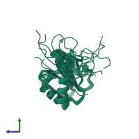 PDB entry 2bjx coloured by chain, ensemble of 24 models, side view.