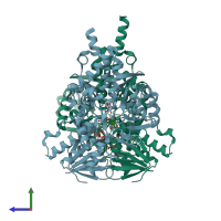 PDB entry 2bk5 coloured by chain, side view.