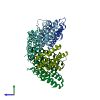 PDB entry 2bk6 coloured by chain, side view.