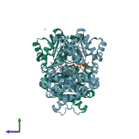 PDB entry 2bl4 coloured by chain, side view.