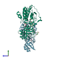 PDB entry 2bln coloured by chain, side view.