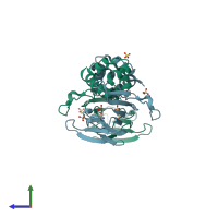 PDB entry 2bno coloured by chain, side view.