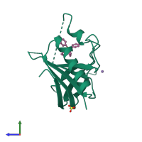 PDB entry 2bow coloured by chain, side view.
