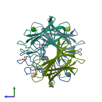 PDB entry 2bp6 coloured by chain, side view.