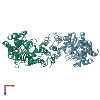 PDB entry 2bpq coloured by chain, top view.