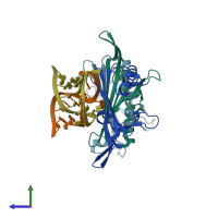 PDB entry 2bq5 coloured by chain, side view.
