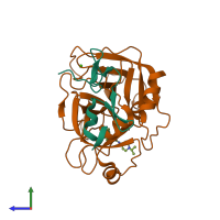 PDB entry 2bq7 coloured by chain, side view.