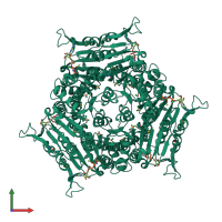 Homo hexameric assembly 1 of PDB entry 2bri coloured by chemically distinct molecules, front view.