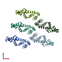 PDB entry 2bt2 coloured by chain, front view.