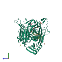 PDB entry 2bt3 coloured by chain, side view.