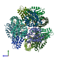 PDB entry 2bt4 coloured by chain, side view.