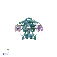 PDB entry 2bt6 coloured by chain, side view.