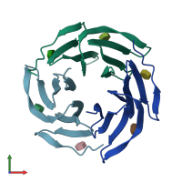 PDB entry 2bt9 coloured by chain, front view.