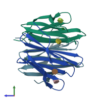 PDB entry 2bt9 coloured by chain, side view.