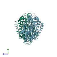 PDB entry 2btu coloured by chain, side view.