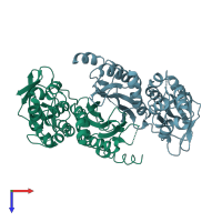PDB entry 2btu coloured by chain, top view.