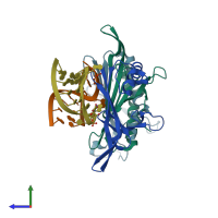 PDB entry 2bu1 coloured by chain, side view.