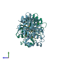 PDB entry 2bu3 coloured by chain, side view.