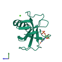 PDB entry 2bu4 coloured by chain, side view.