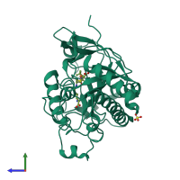 PDB entry 2bu9 coloured by chain, side view.