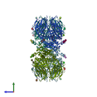 PDB entry 2bua coloured by chain, side view.