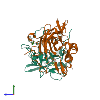 PDB entry 2buq coloured by chain, side view.