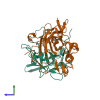 PDB entry 2bv0 coloured by chain, side view.