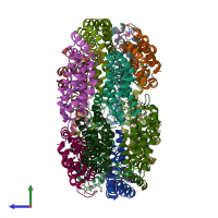 PDB entry 2bv8 coloured by chain, side view.