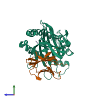 PDB entry 2bvp coloured by chain, side view.