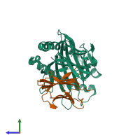 PDB entry 2bvq coloured by chain, side view.