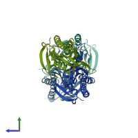 PDB entry 2bw7 coloured by chain, side view.