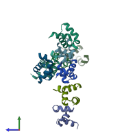 PDB entry 2bwb coloured by chain, side view.